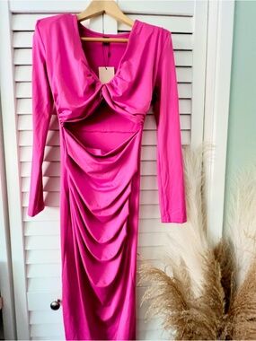 Women's Hot Pink Long Sleeve Draped Midi Dress